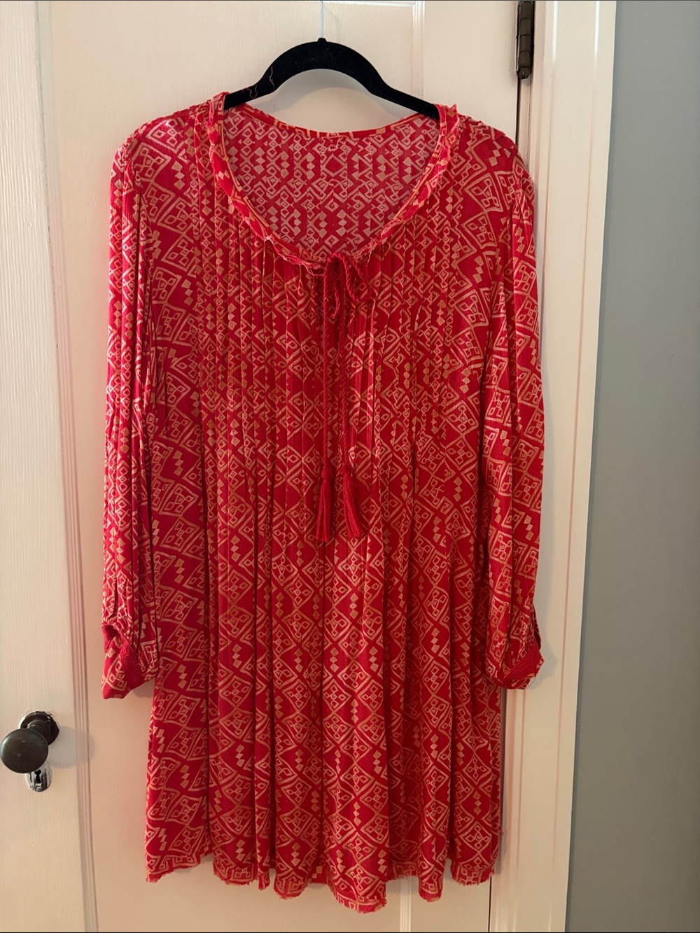Free People Red Patterned Long-Sleeve Boho Tunic Dress